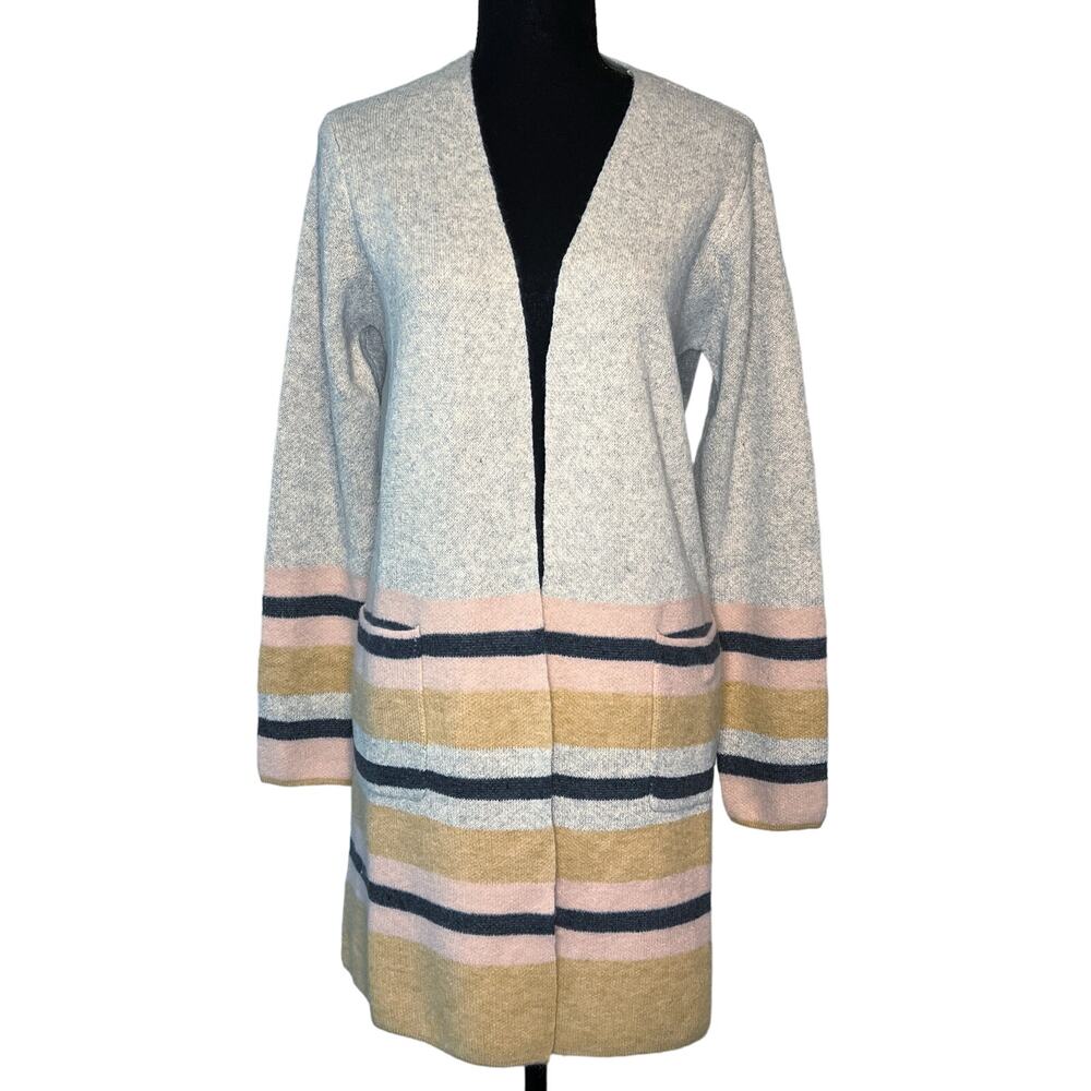 Fortune & Ivy Striped Cardigan w/ Pockets Light Gray Pink Muted Yellow Sz Small